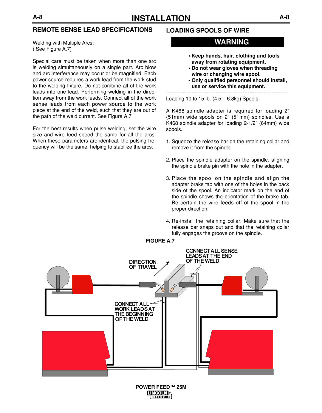 Lincoln Electric IM892-C manual Remote Sense Lead Specifications, Loading Spools of Wire 