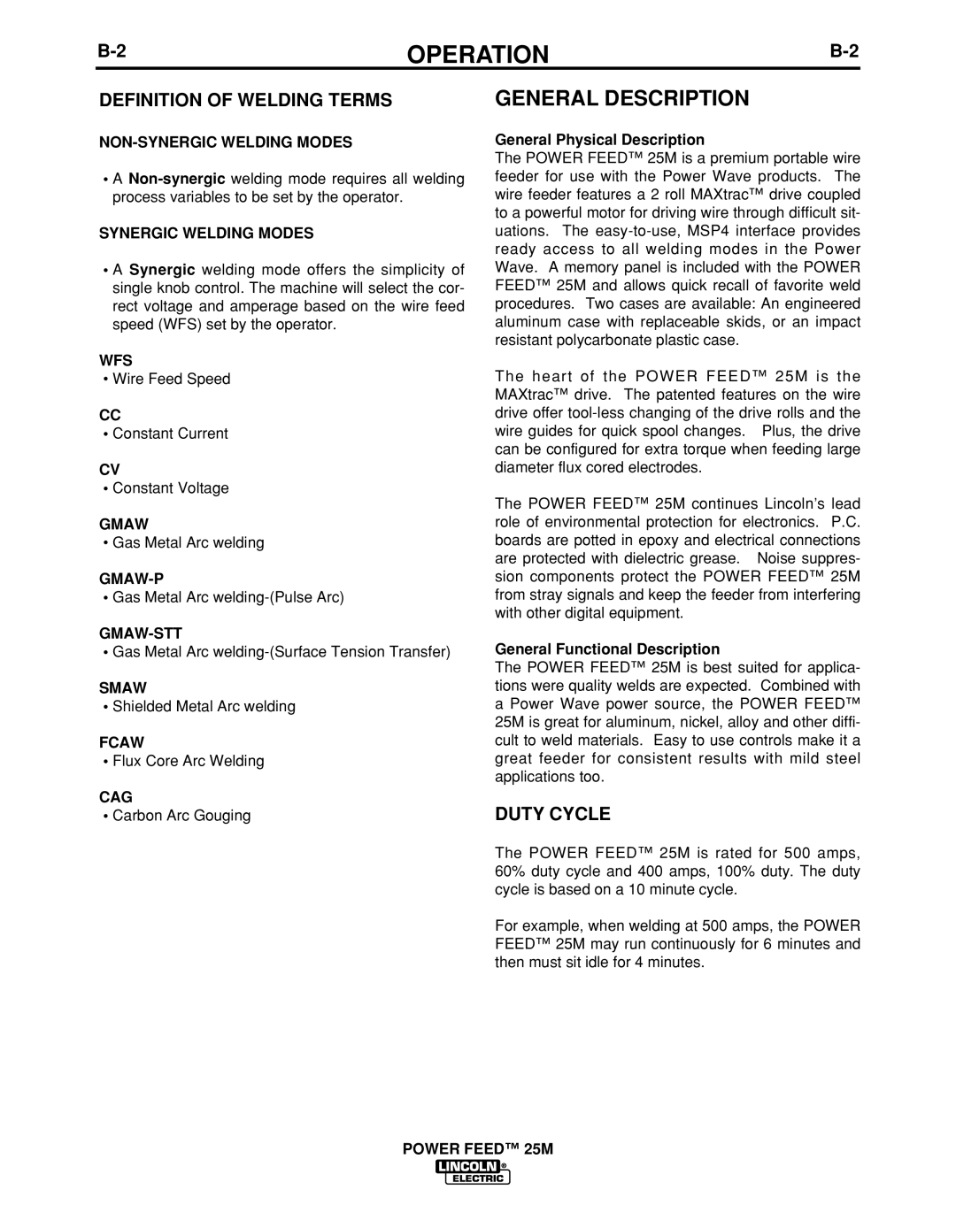 Lincoln Electric IM892-C manual Definition of Welding Terms, Duty Cycle 