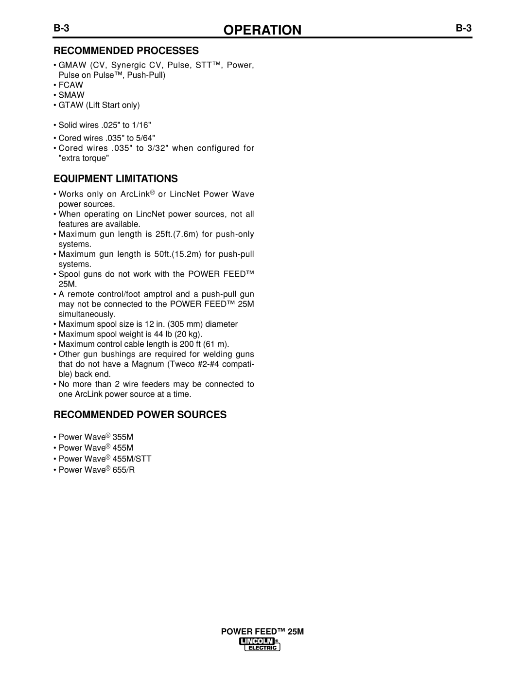 Lincoln Electric IM892-C manual Recommended Processes, Equipment Limitations, Recommended Power Sources 