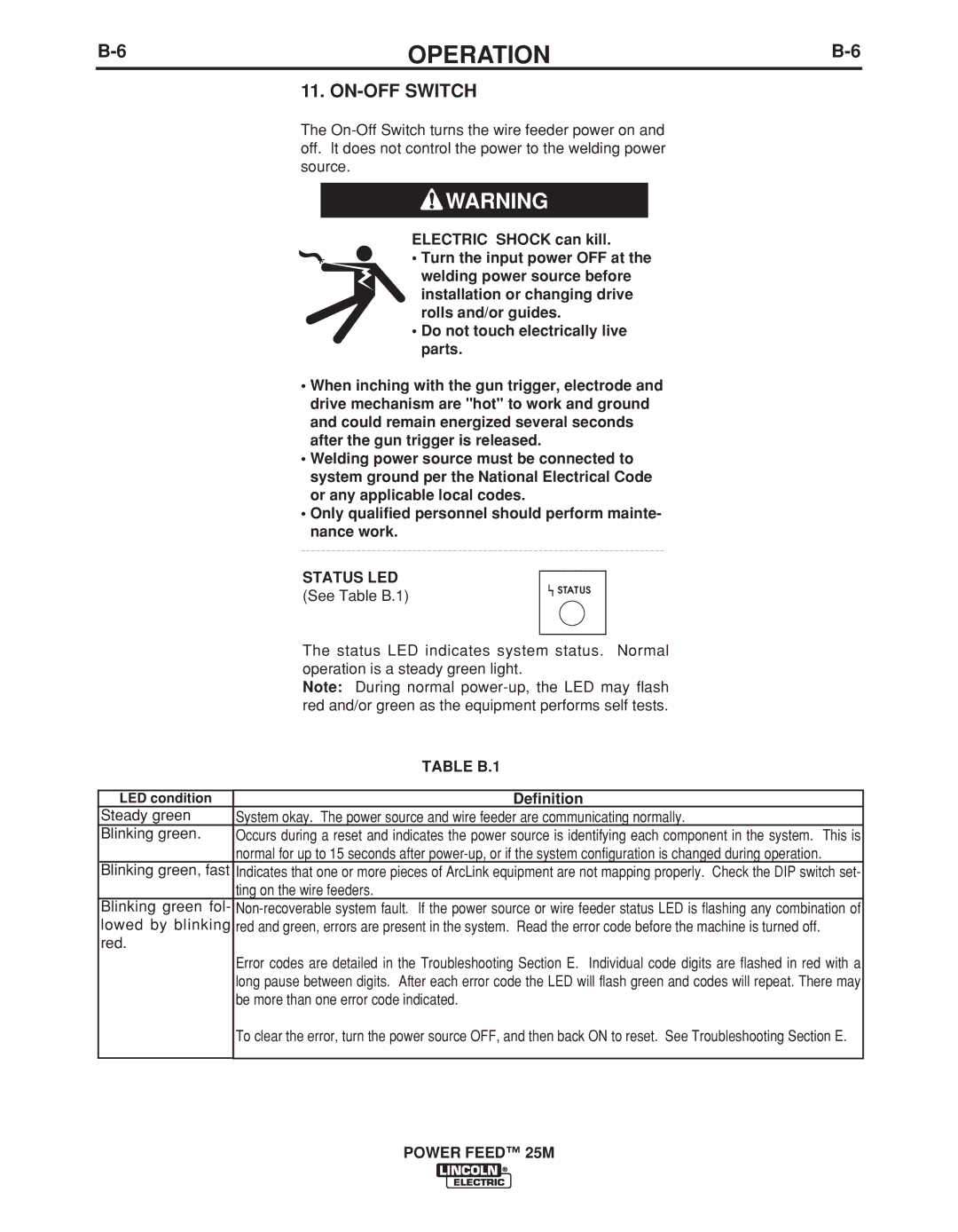 Lincoln Electric IM892-C manual ON-OFF Switch, Status LED, Table B.1, Definition 