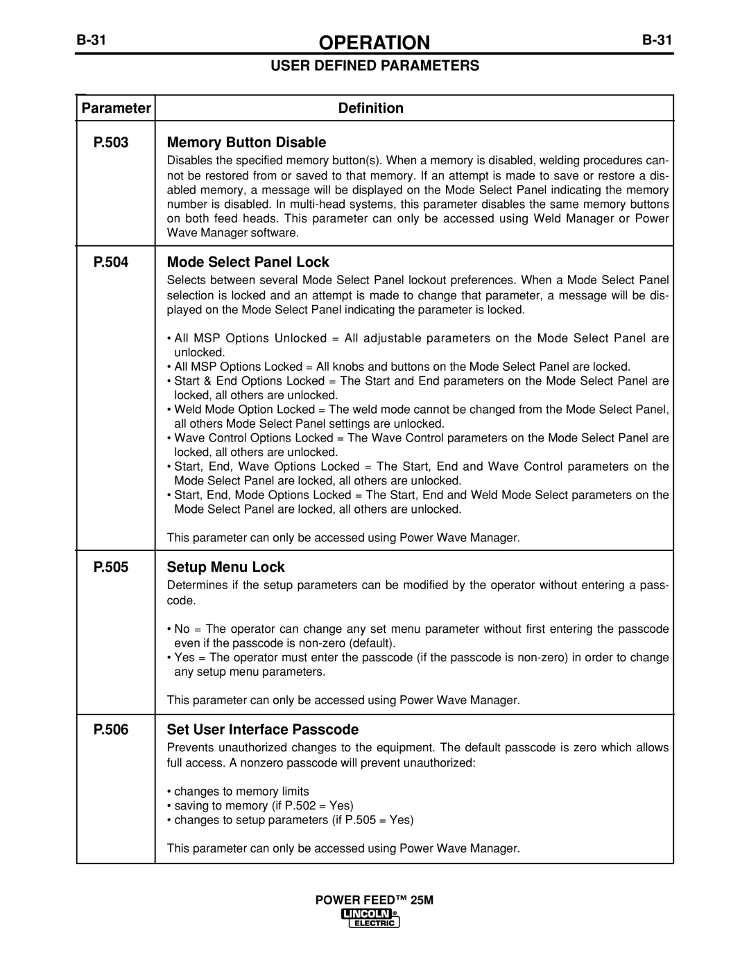 Lincoln Electric IM892-C manual Parameter Definition 503 Memory Button Disable, Mode Select Panel Lock, Setup Menu Lock 