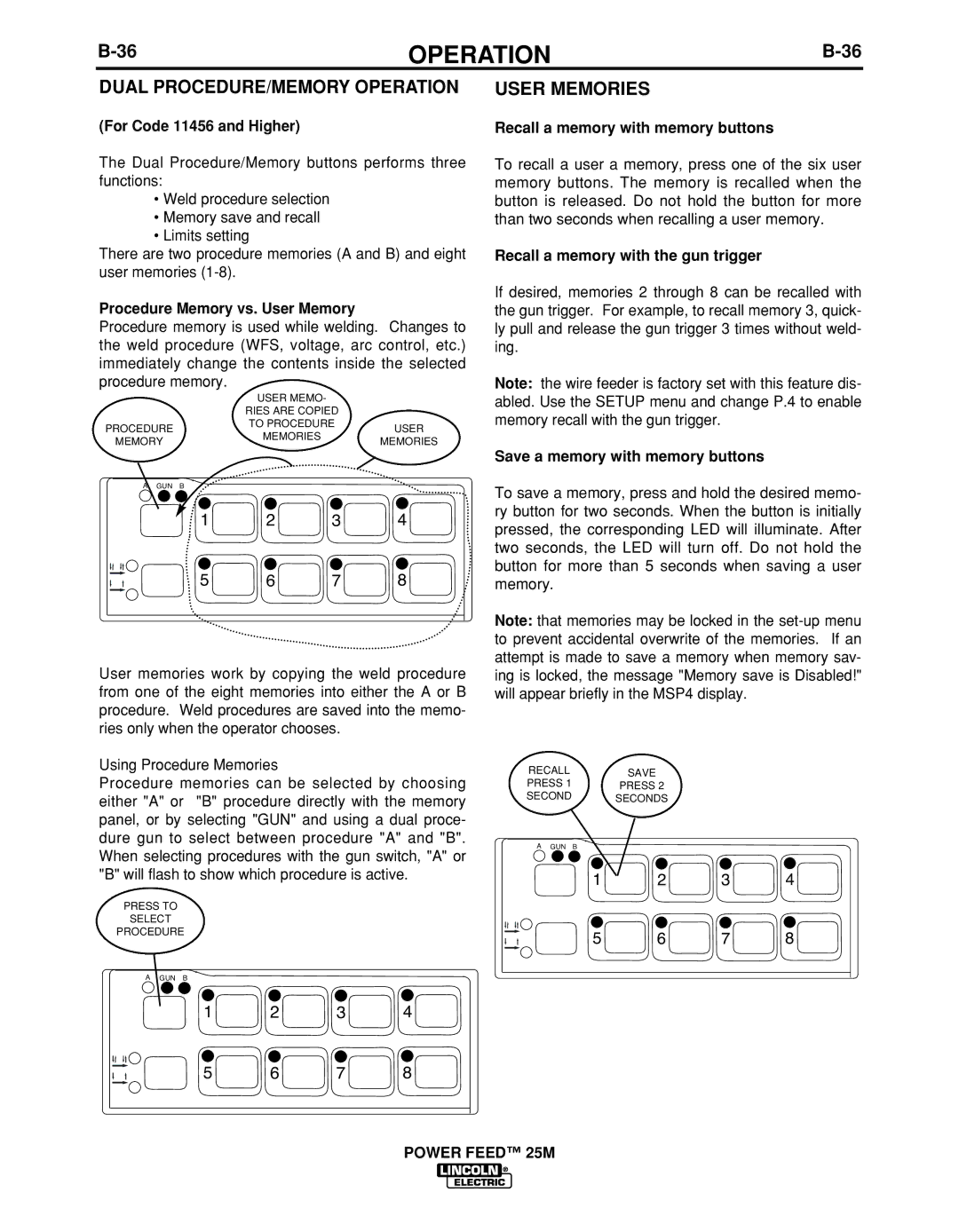 Lincoln Electric IM892-C manual Dual PROCEDURE/MEMORY Operation, For Code 11456 and Higher 