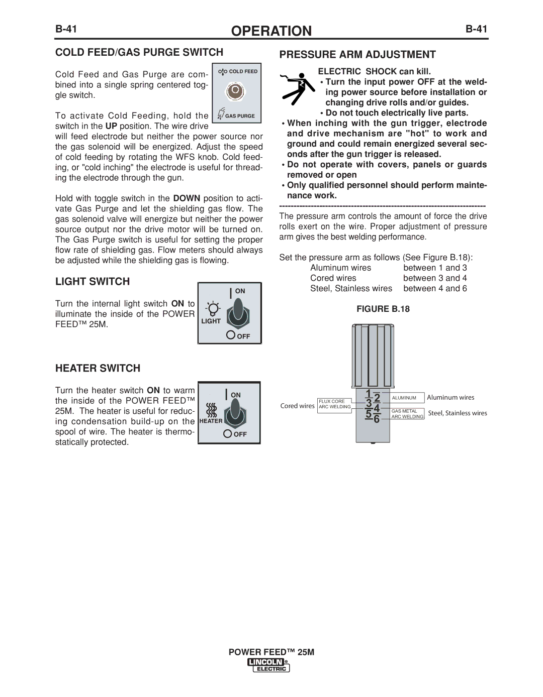 Lincoln Electric IM892-C manual Cold FEED/GAS Purge Switch, Light Switch, Pressure ARM Adjustment, Heater Switch, Feed 25M 