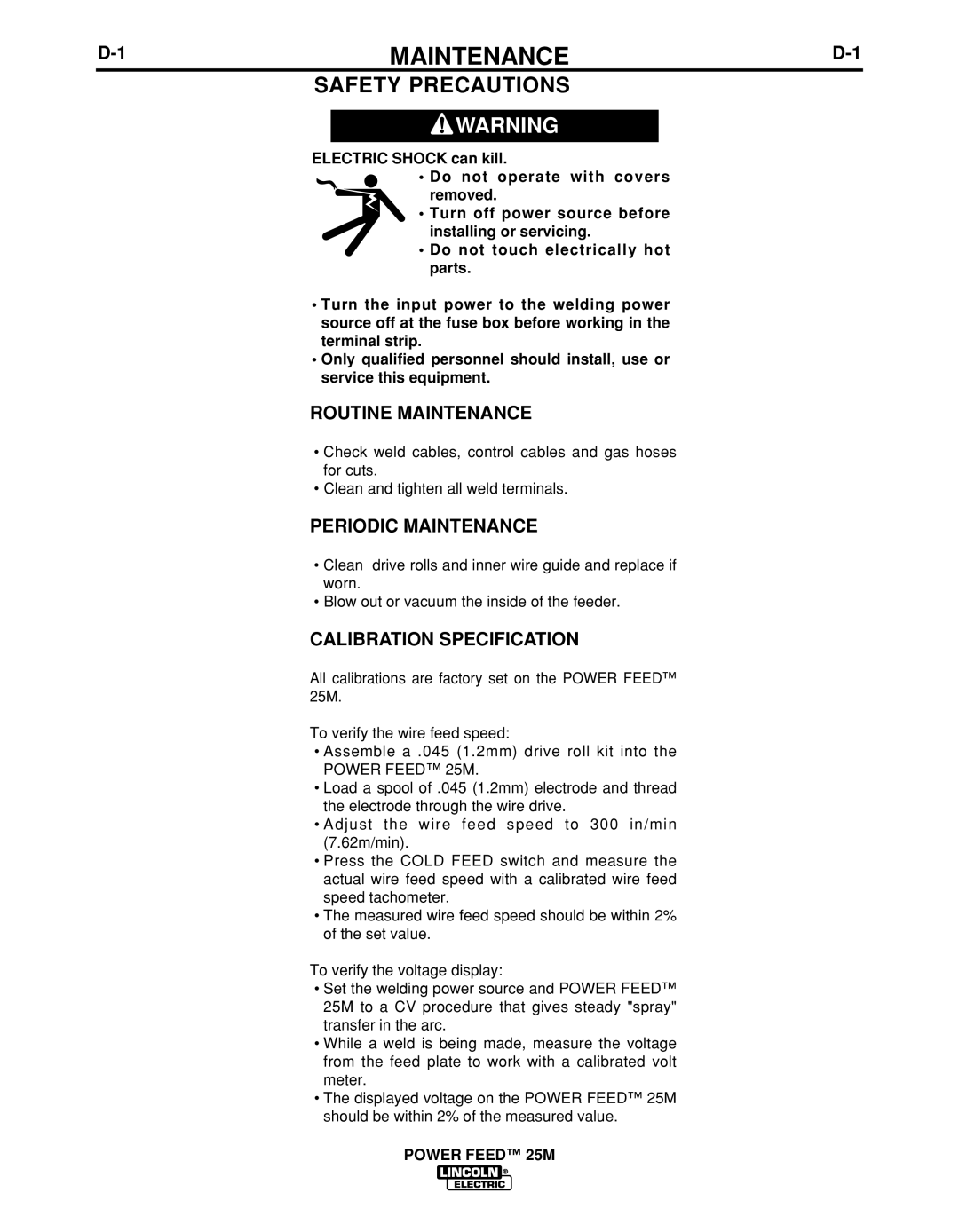 Lincoln Electric IM892-C manual Routine Maintenance, Periodic Maintenance, Calibration Specification 