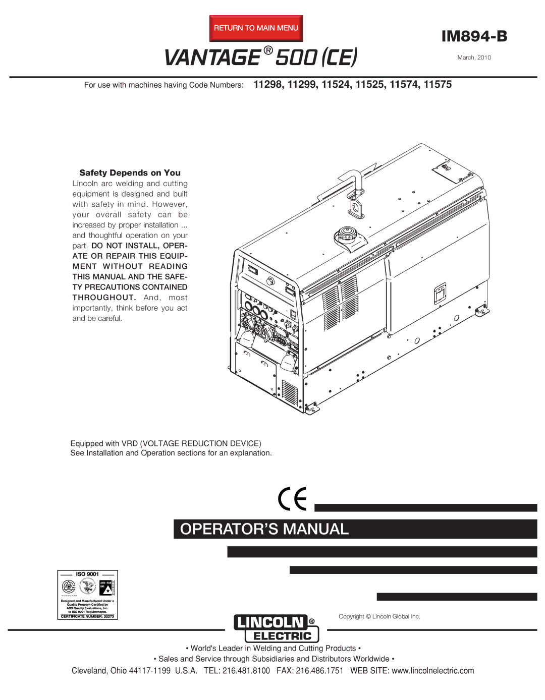 Lincoln Electric IM894-B manual Vantage 