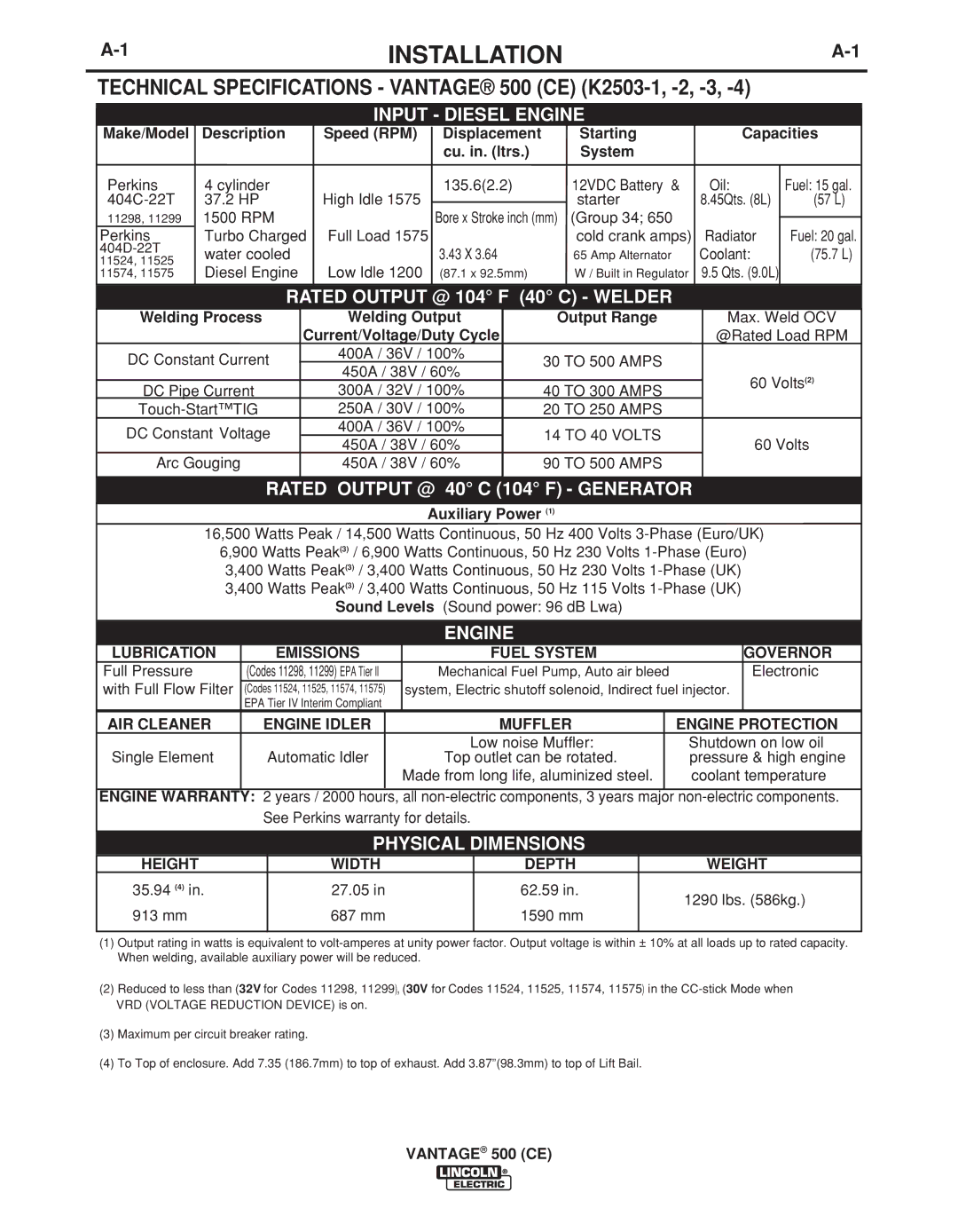 Lincoln Electric IM894-B manual Installation, Lubrication Emissions Fuel System Governor, Height Width Depth Weight 