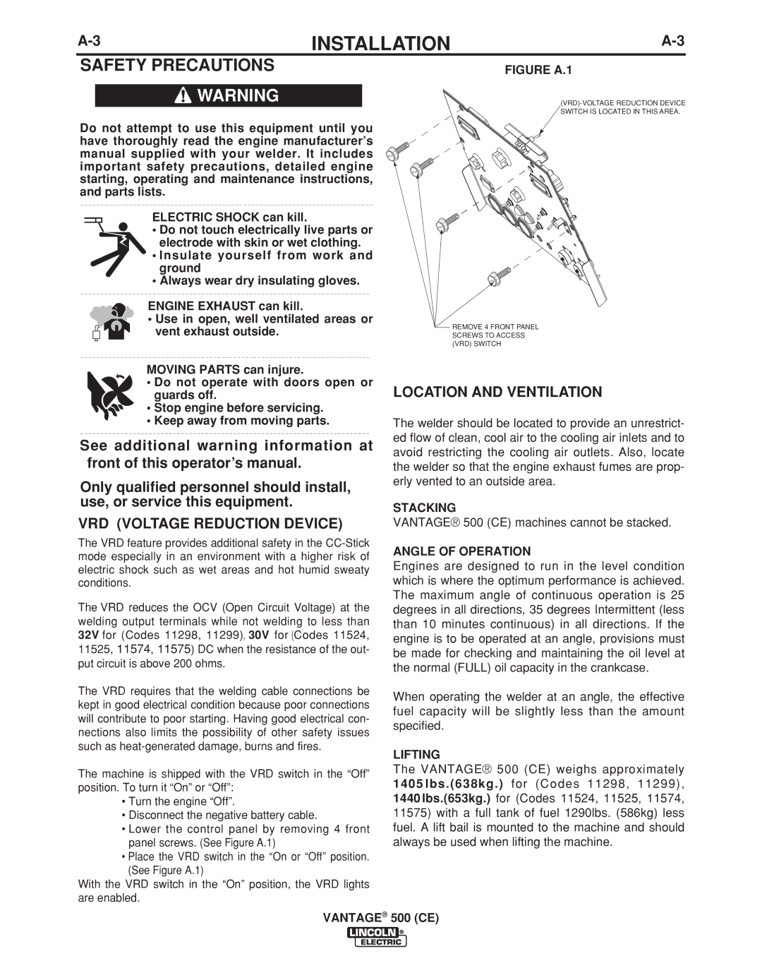 Lincoln Electric IM894-B manual Safety Precautions, VRD Voltage Reduction Device, Location and Ventilation 