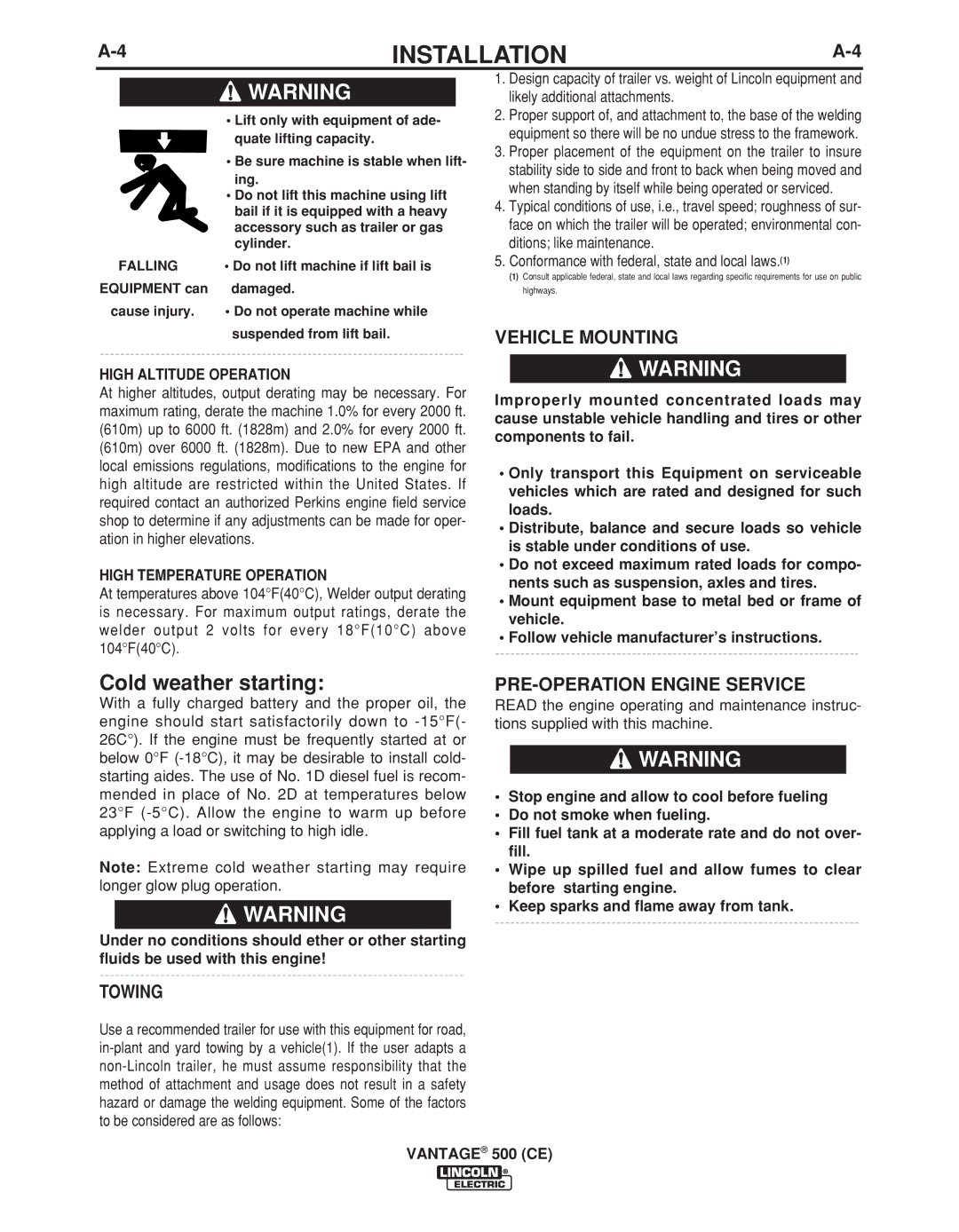 Lincoln Electric IM894-B manual Vehicle Mounting, PRE-OPERATION Engine Service, Towing, High Altitude Operation 