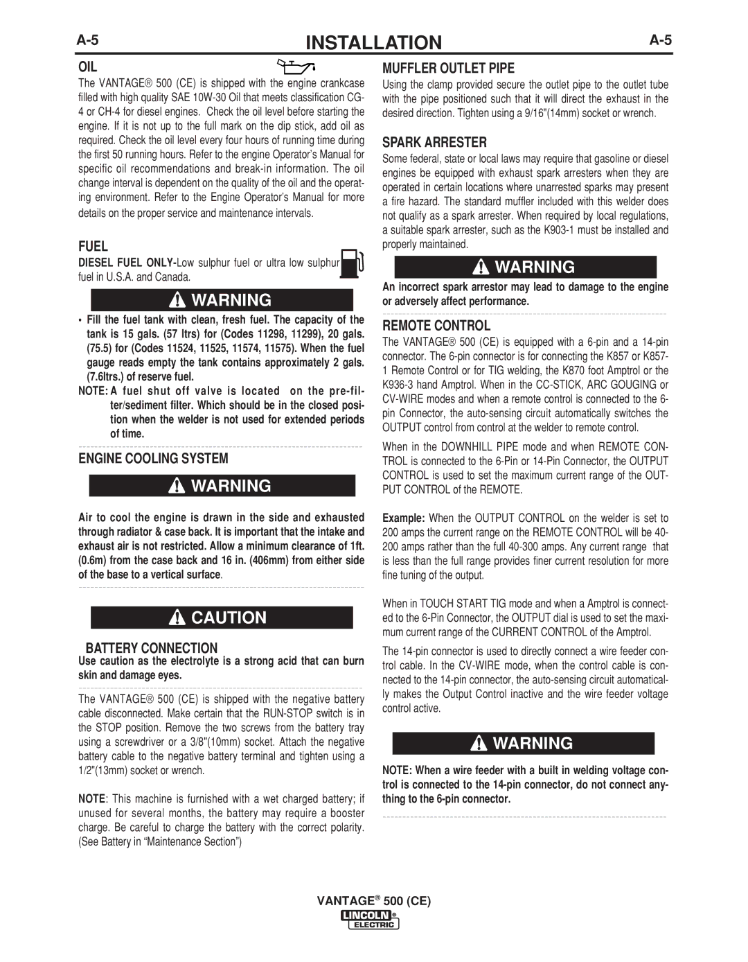 Lincoln Electric IM894-B manual Oil, Fuel, Engine Cooling System, Battery Connection, Muffler Outlet Pipe, Spark Arrester 