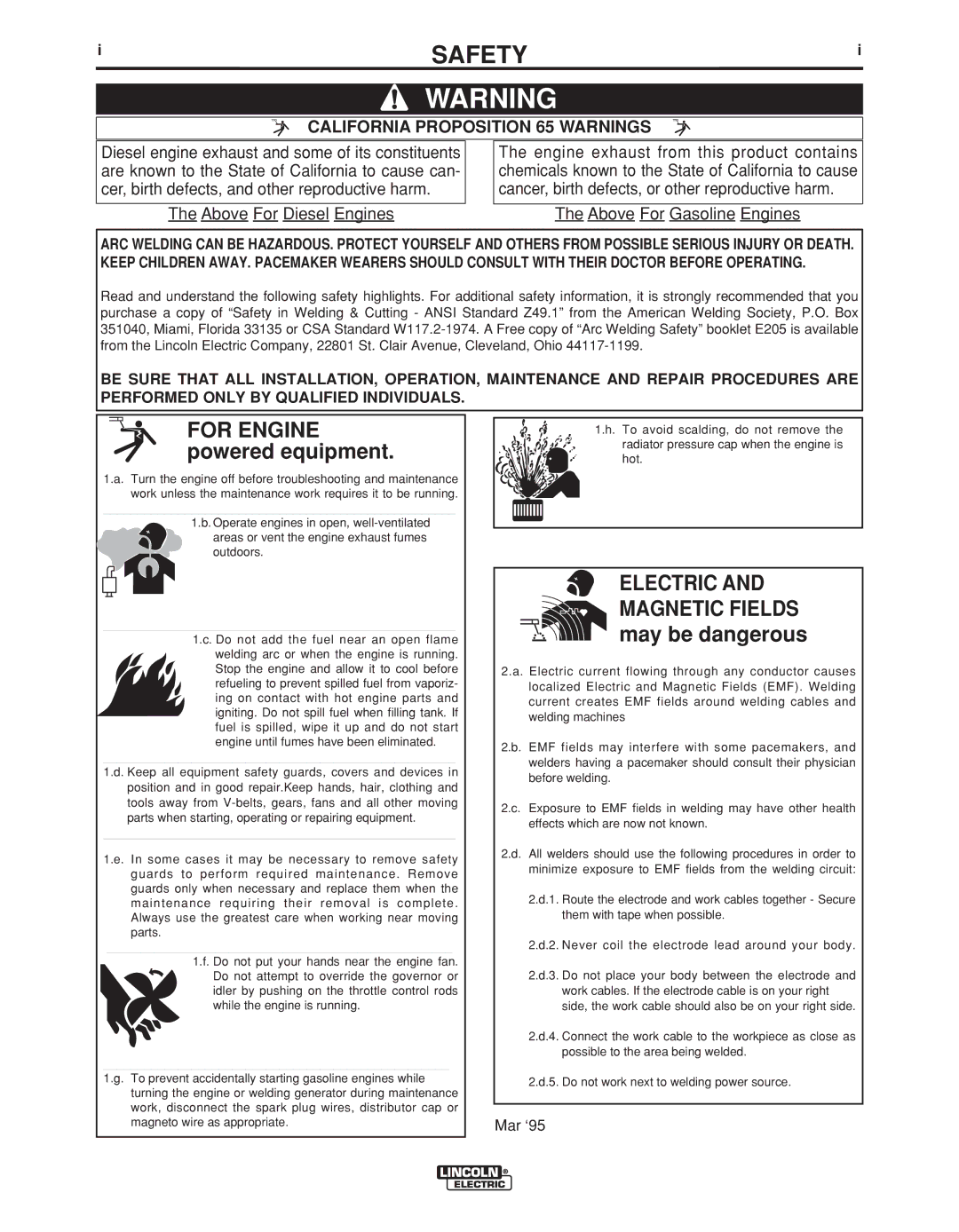 Lincoln Electric IM894-B manual Safety, California Proposition 65 Warnings 