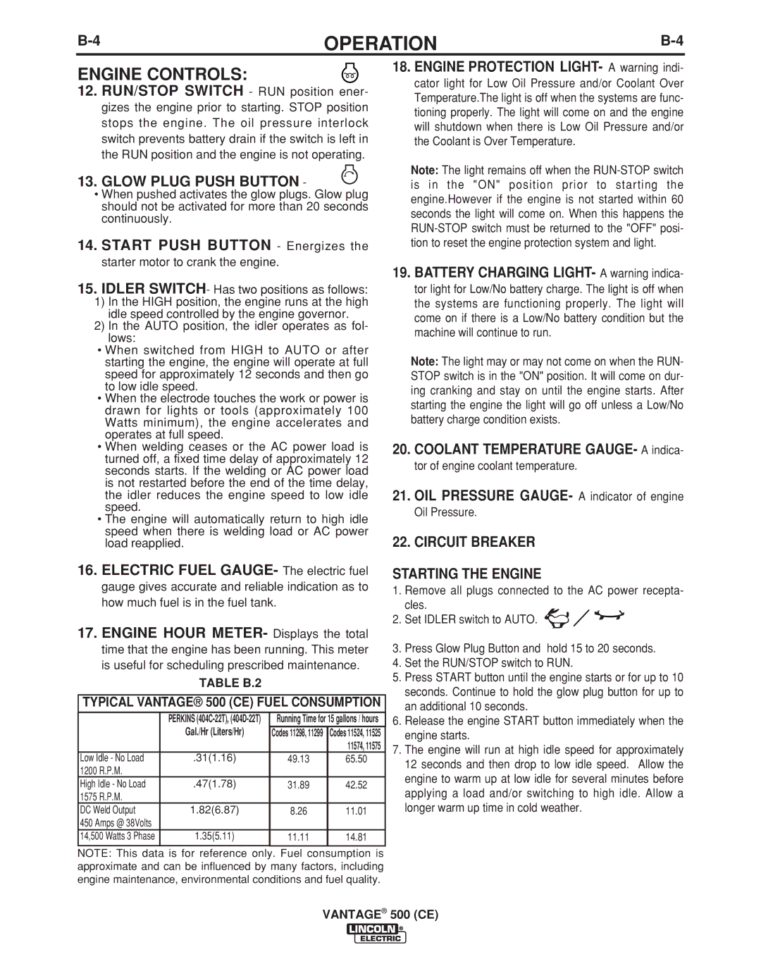 Lincoln Electric IM894-B manual Engine Controls, Glow Plug Push Button, Circuit Breaker Starting the Engine 