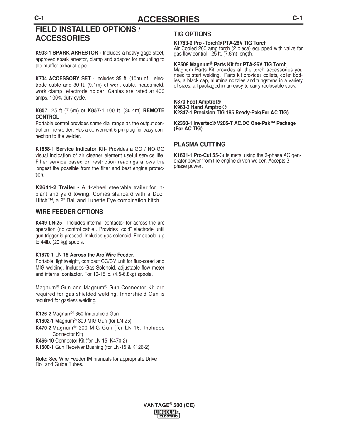 Lincoln Electric IM894-B manual Field Installed Options / Accessories, Wire Feeder Options, TIG Options, Plasma Cutting 