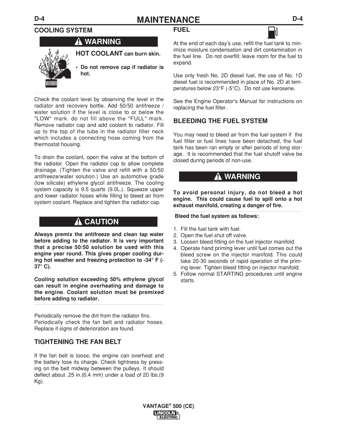 Lincoln Electric IM894-B manual Cooling System, Tightening the FAN Belt, Bleeding the Fuel System 