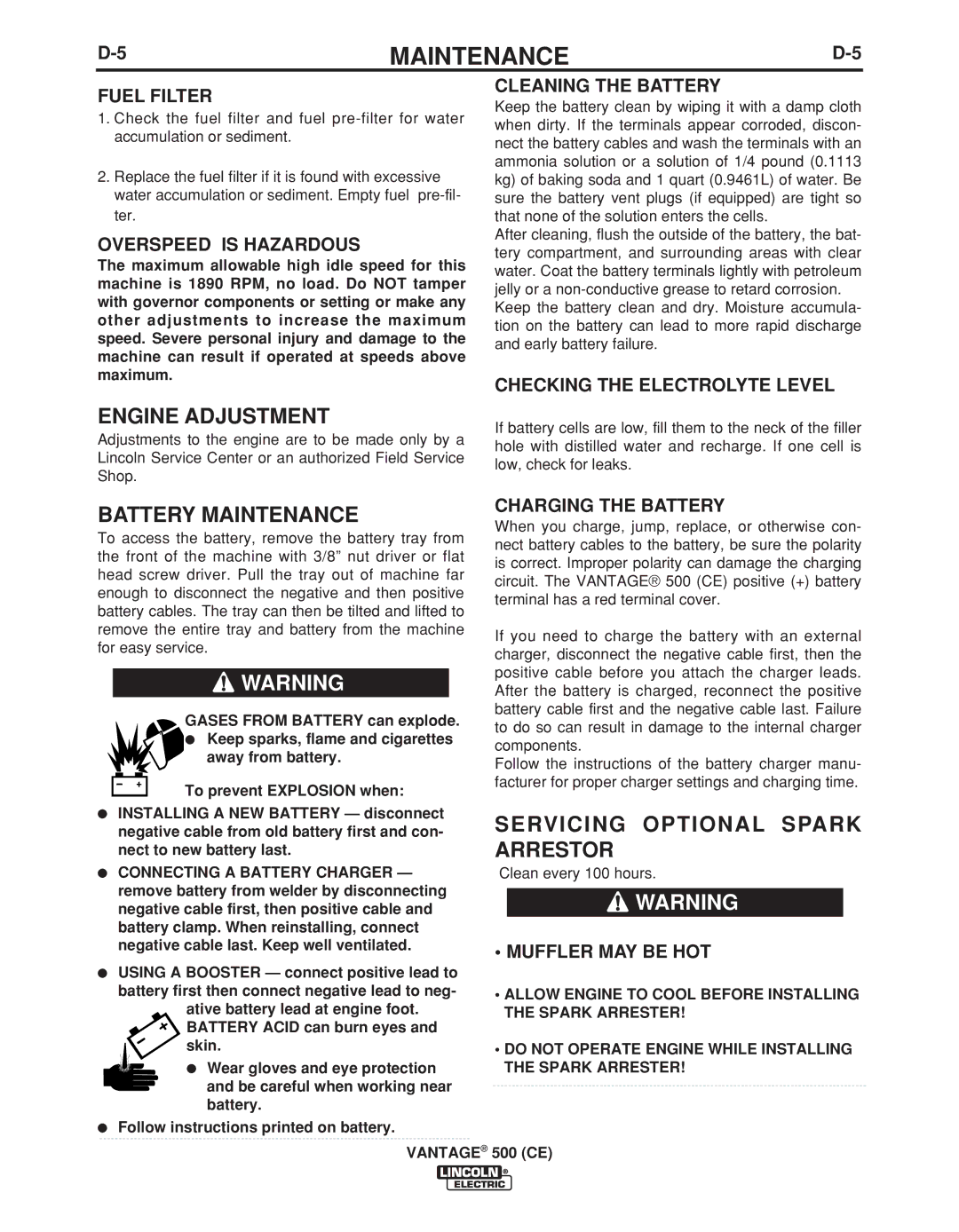 Lincoln Electric IM894-B manual Engine Adjustment, Battery Maintenance, Servicing Optional Spark, Arrestor 