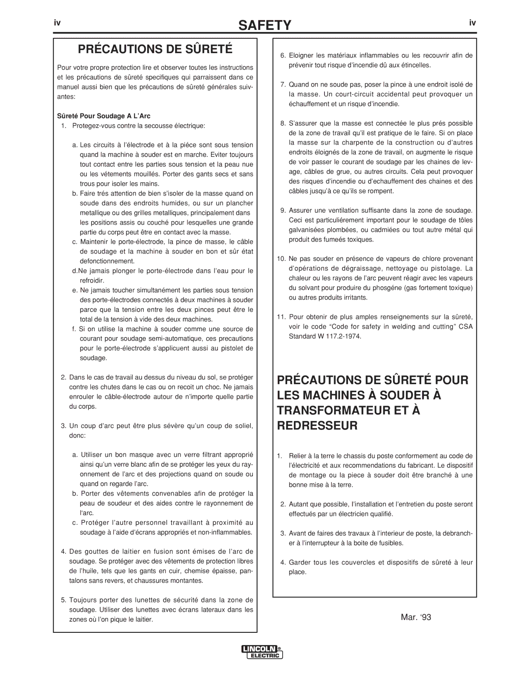 Lincoln Electric IM894-B manual Précautions DE Sûreté, Sûreté Pour Soudage a L’Arc 