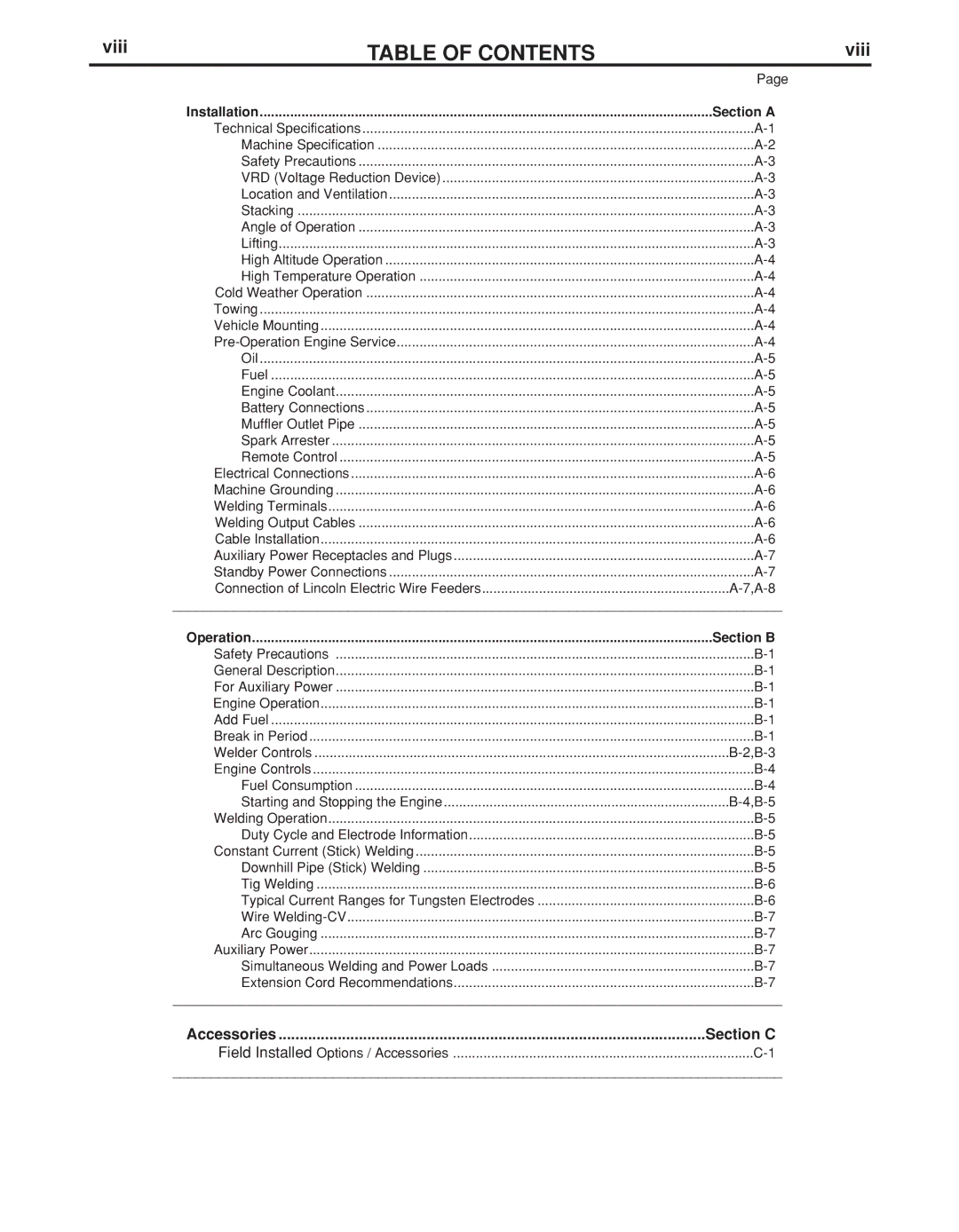 Lincoln Electric IM894-B manual Table of Contents 