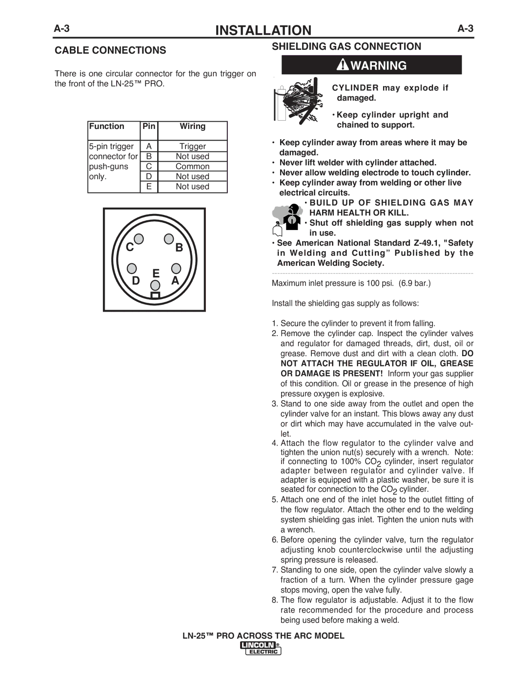 Lincoln Electric IM901-A manual 3INSTALLATIONA-3, CAbLE Connections, Shielding GAS Connection, Function Pin Wiring 