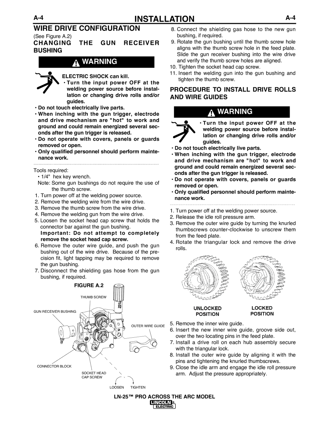 Lincoln Electric IM901-A manual Changing the GUN Receiver bUSHING, Procedure to Install Drive Rolls and Wire Guides 