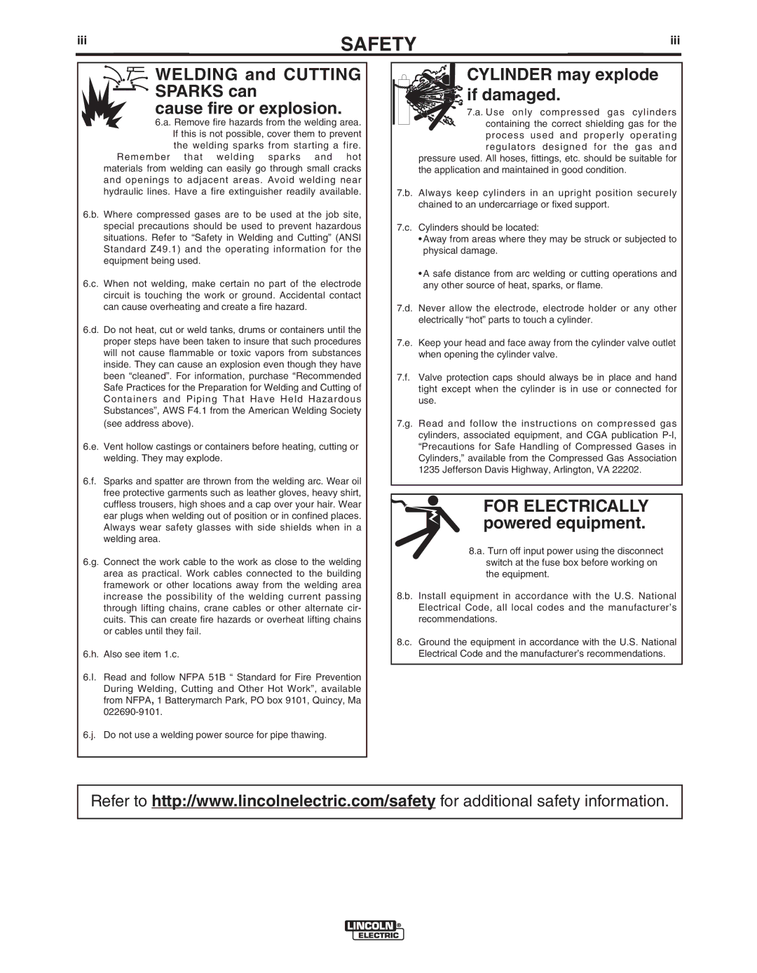 Lincoln Electric IM901-A manual Welding and Cutting Sparks can Cause fire or explosion, Iii 