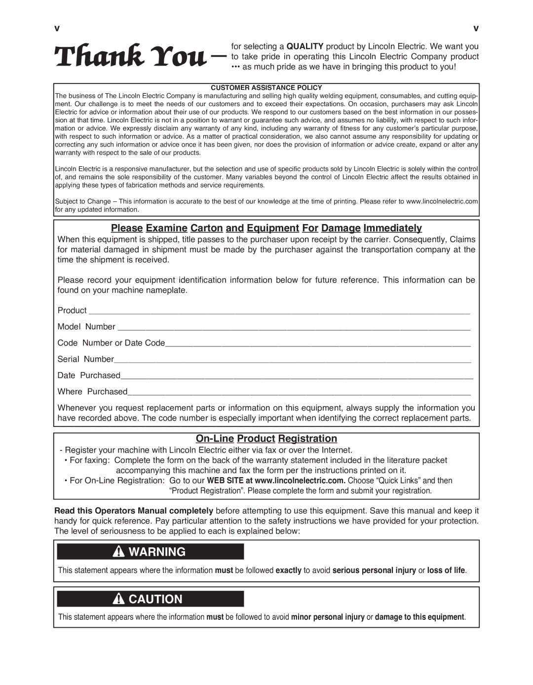 Lincoln Electric IM901-A manual Please Examine Carton and Equipment For Damage Immediately, On-Line Product Registration 