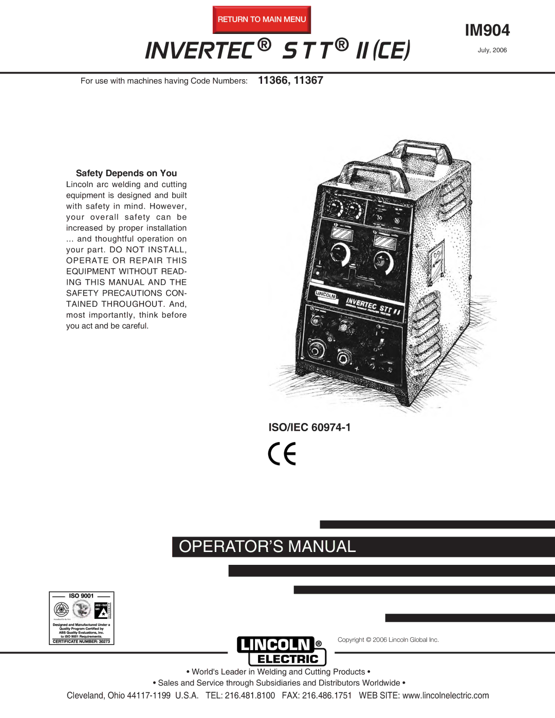 Lincoln Electric IM904 manual Invertec S T T II CE, Safety Depends on You 