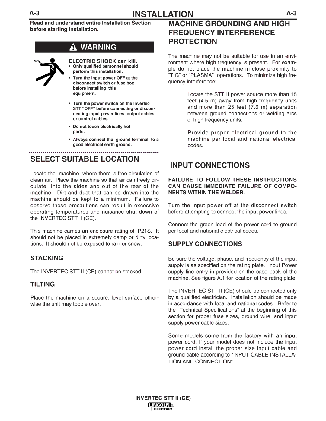 Lincoln Electric IM904 manual Select Suitable Location, Input Connections, Stacking, Tilting, Supply Connections 