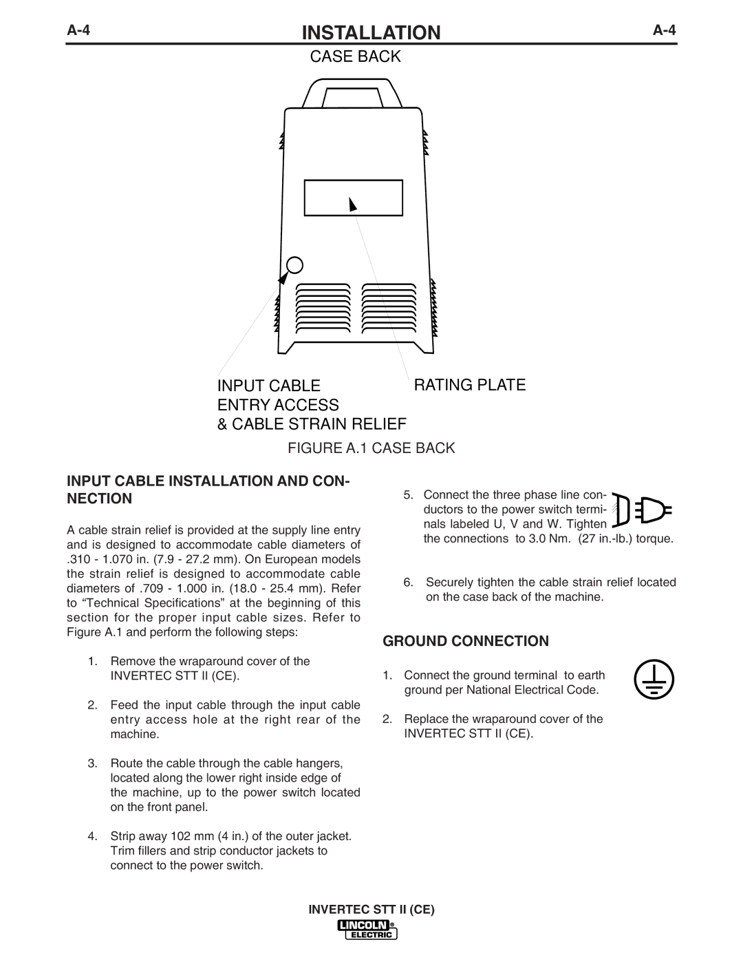 Lincoln Electric IM904 manual Input Cable Installation and CON- Nection, Ground Connection 