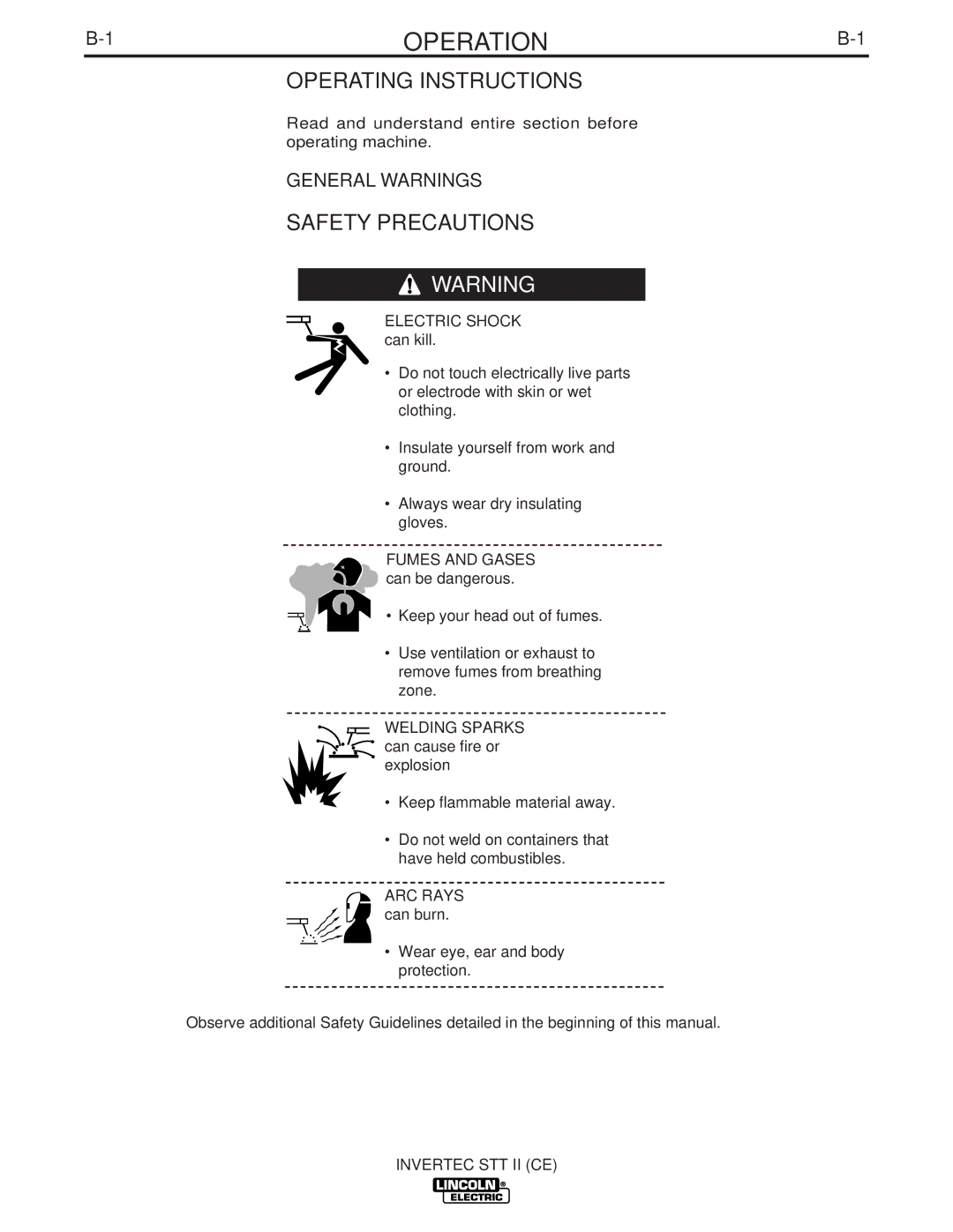 Lincoln Electric IM904 manual Operation, Operating Instructions, Safety Precautions, General Warnings 