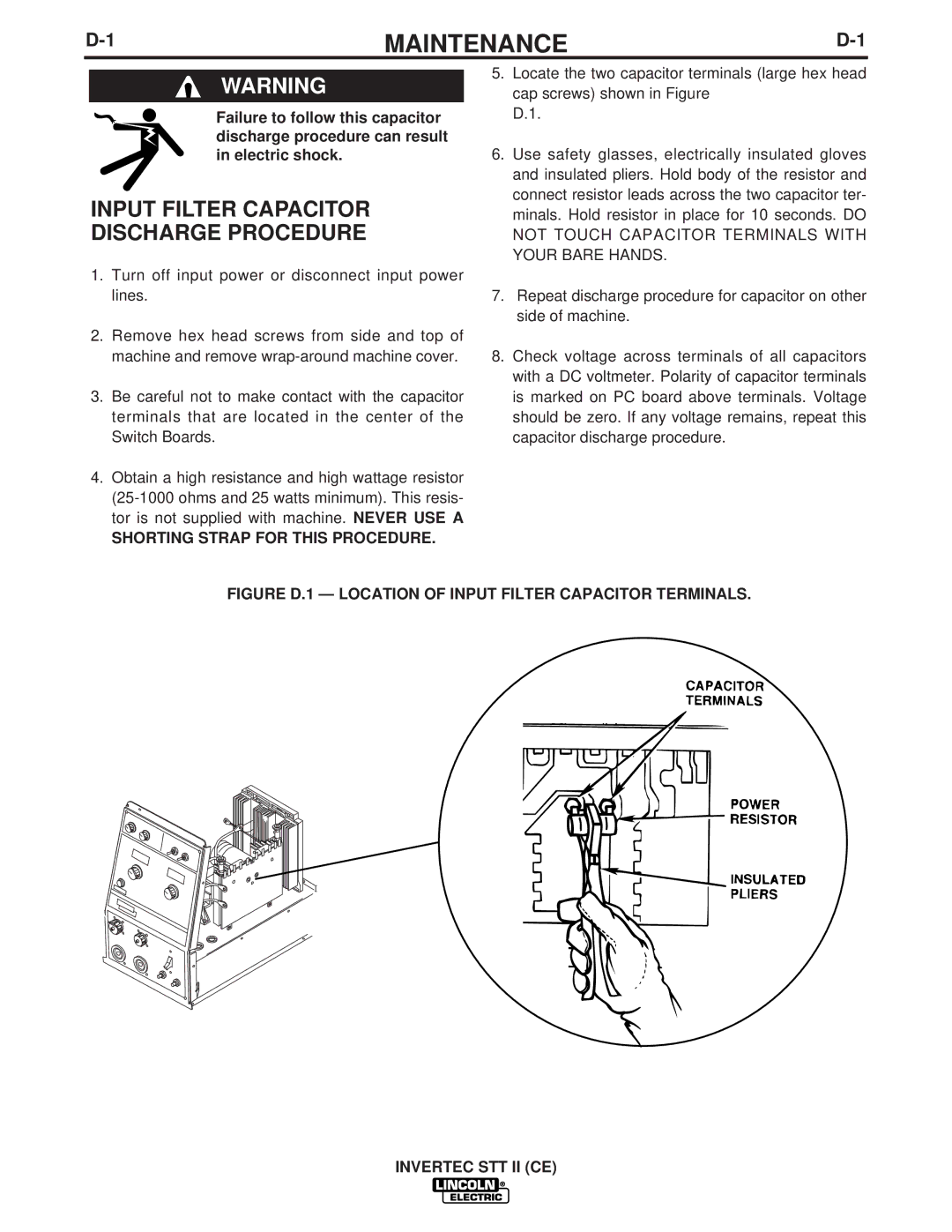 Lincoln Electric IM904 manual Maintenance, Input Filter Capacitor Discharge Procedure 