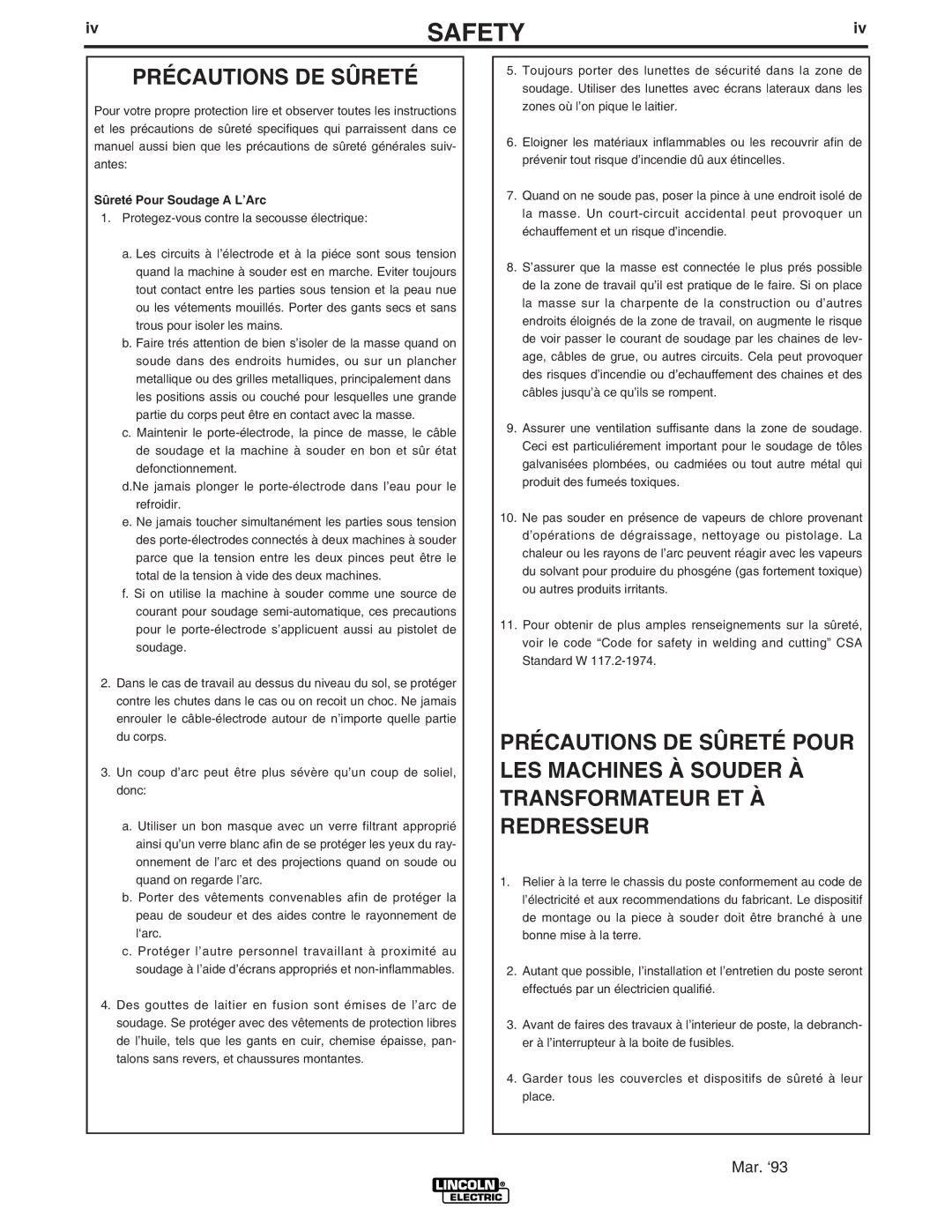 Lincoln Electric IM904 manual Précautions DE Sûreté, Sûreté Pour Soudage a L’Arc 