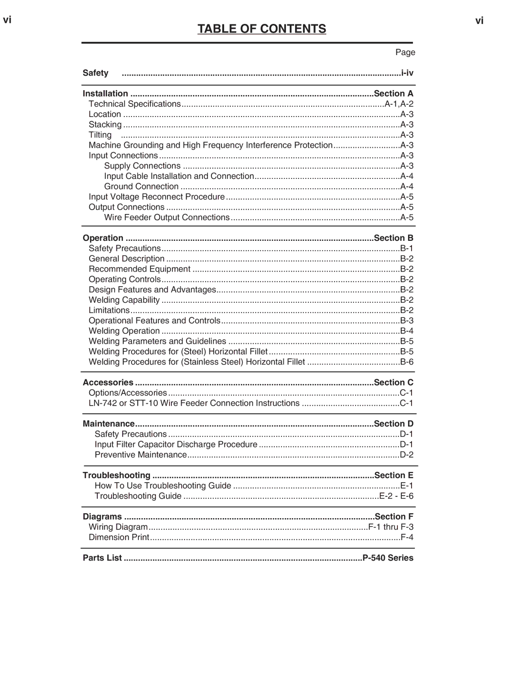 Lincoln Electric IM904 manual Table of Contents 