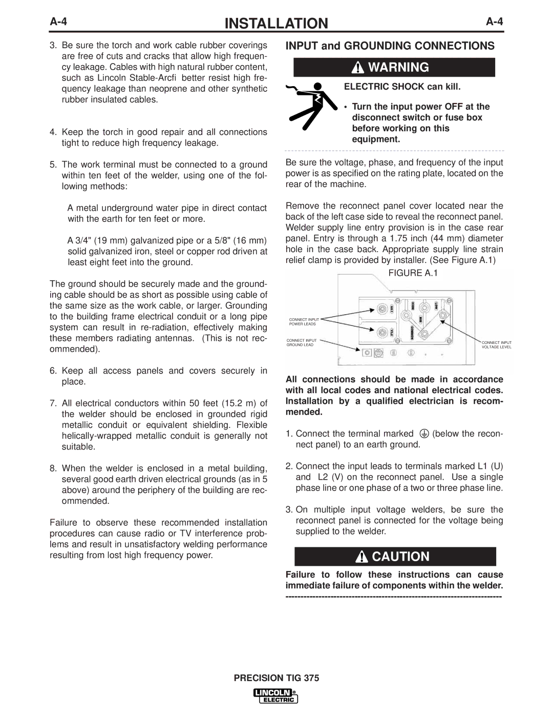 Lincoln Electric IM909 manual Input and Grounding Connections 