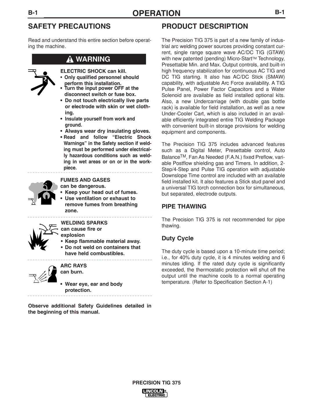 Lincoln Electric IM909 manual Operation, Product Description, Pipe Thawing, Welding Sparks 