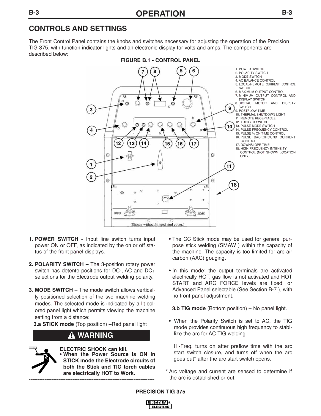 Lincoln Electric IM909 manual Controls and Settings, Figure B.1 Control Panel 