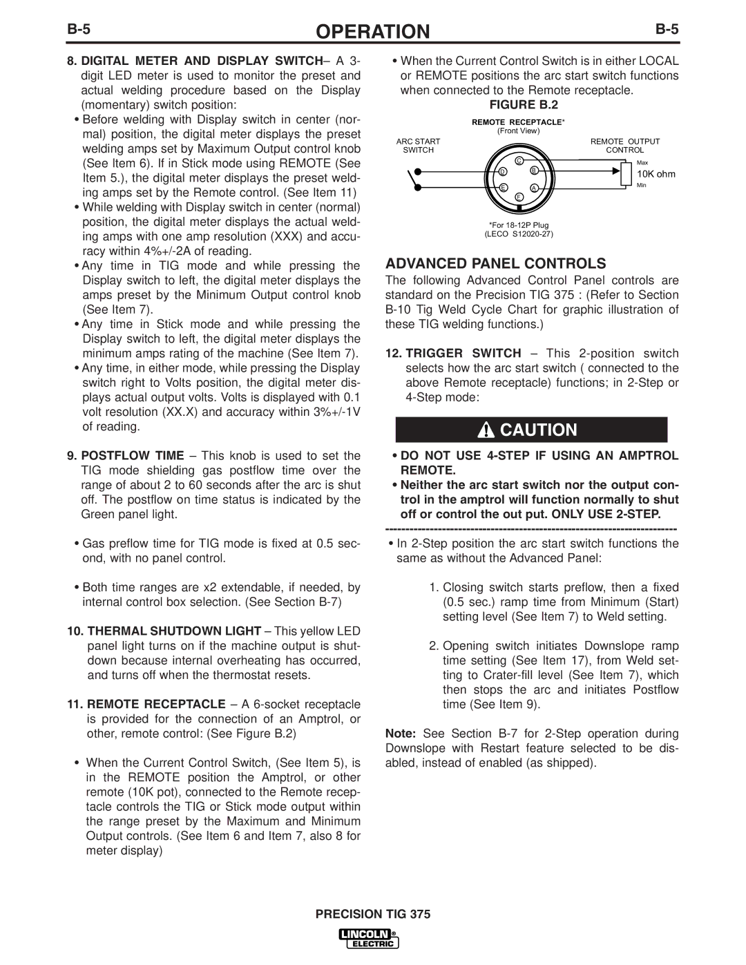 Lincoln Electric IM909 manual Advanced Panel Controls, Do not USE 4-STEP if Using AN Amptrol Remote 