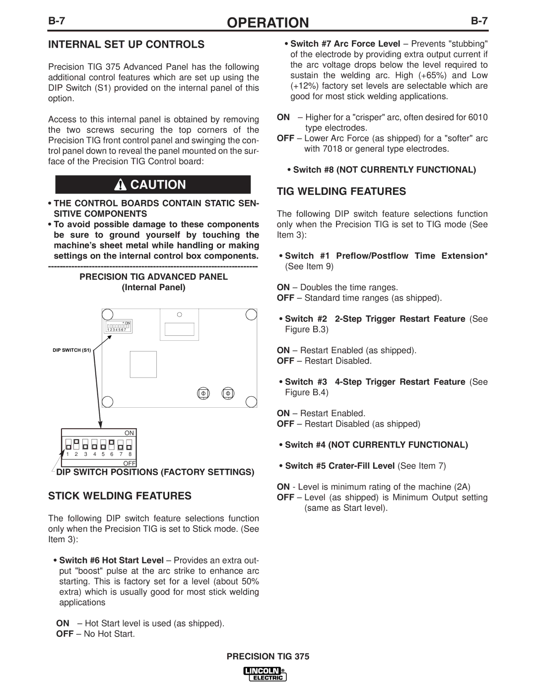 Lincoln Electric IM909 manual Internal SET UP Controls, TIG Welding Features, Stick Welding Features 