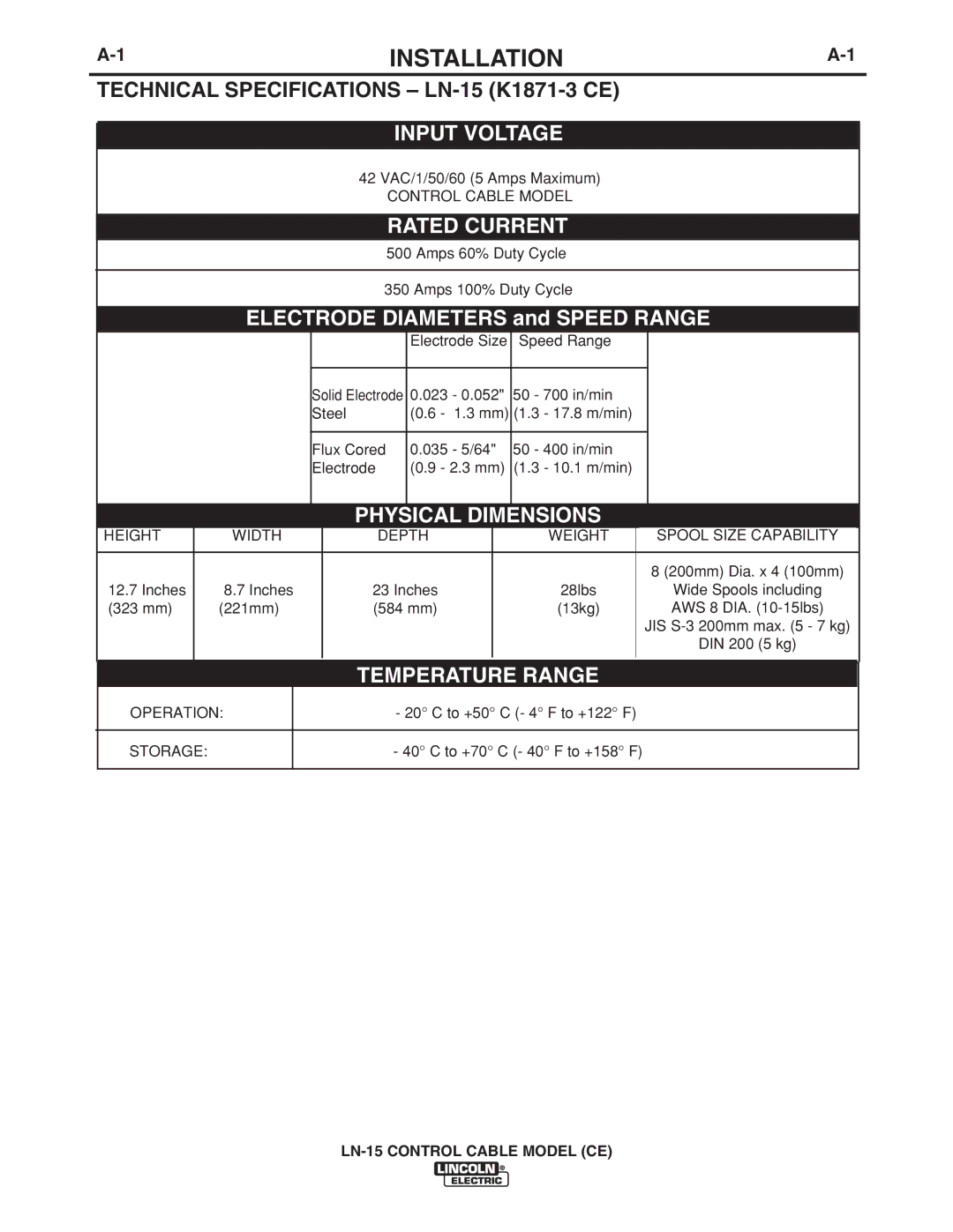 Lincoln Electric IM910 manual Installation, Technical Specifications LN-15 K1871-3 CE 