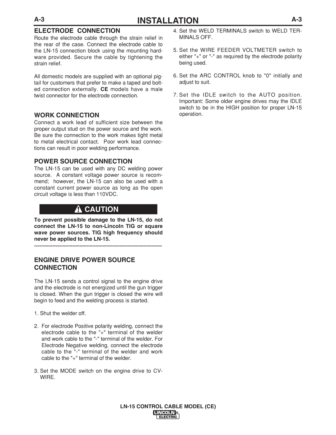 Lincoln Electric IM910 manual Electrode Connection, Work Connection, Power Source Connection 