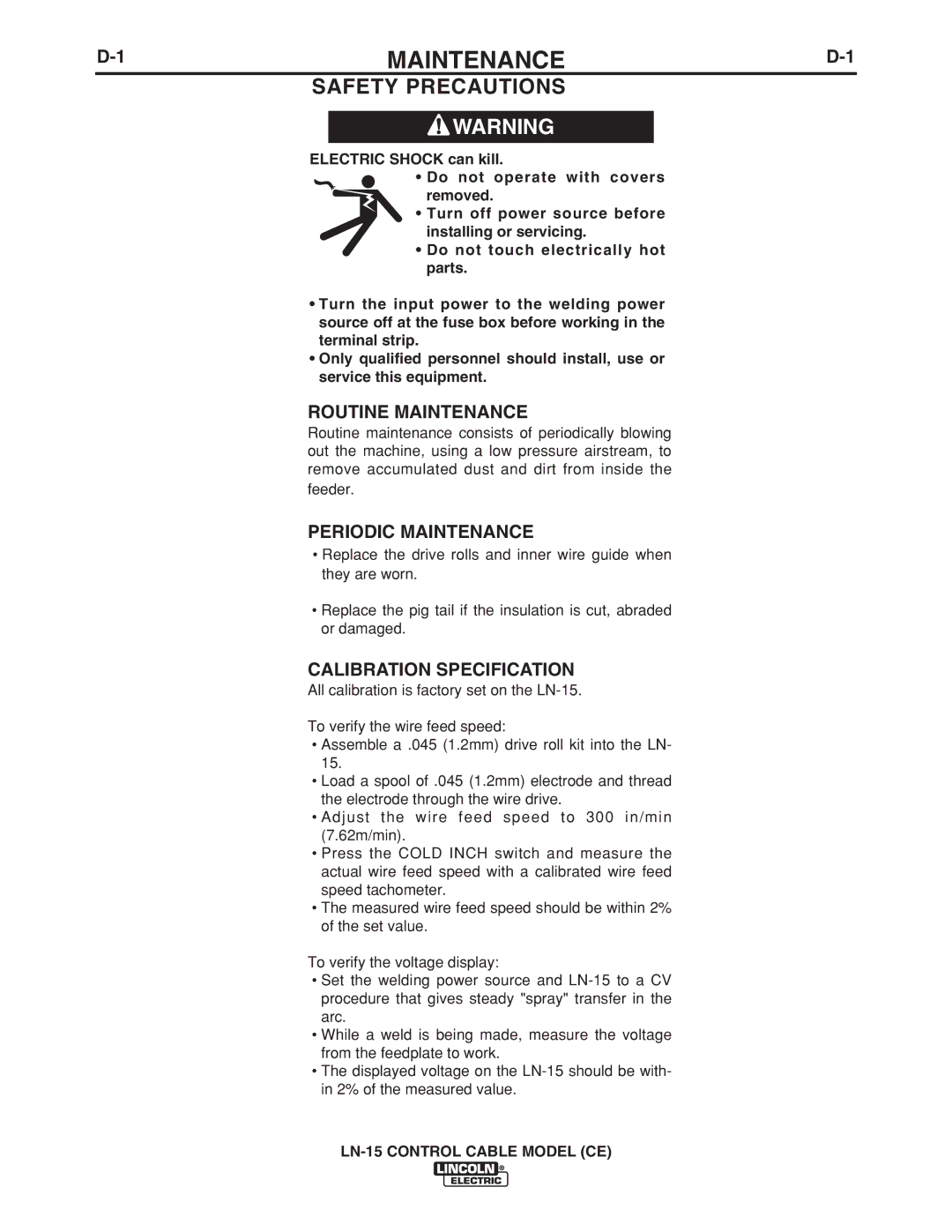 Lincoln Electric IM910 manual Routine Maintenance, Periodic Maintenance, Calibration Specification 