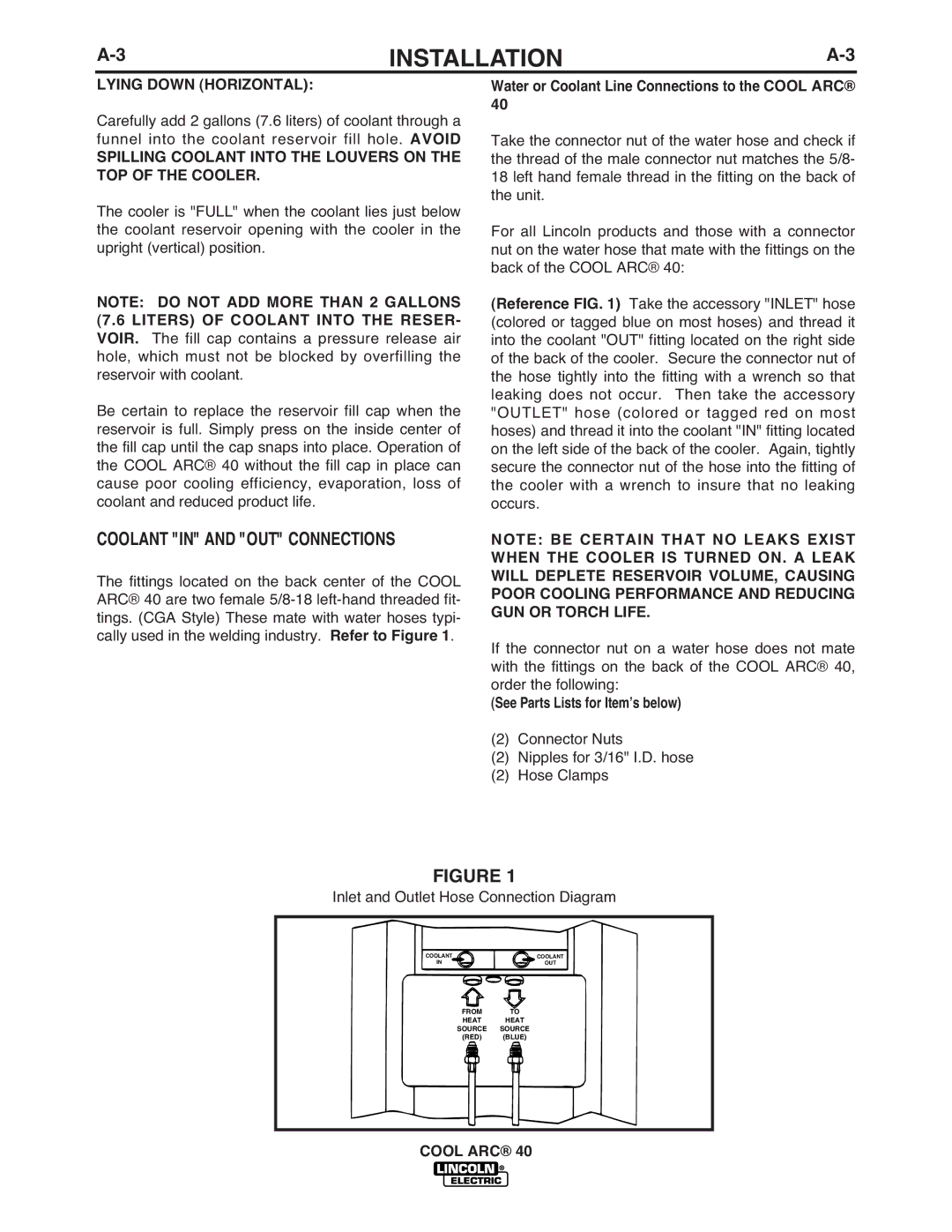 Lincoln Electric IM911 manual Coolant in and OUT Connections, Water or Coolant Line Connections to the Cool ARC 