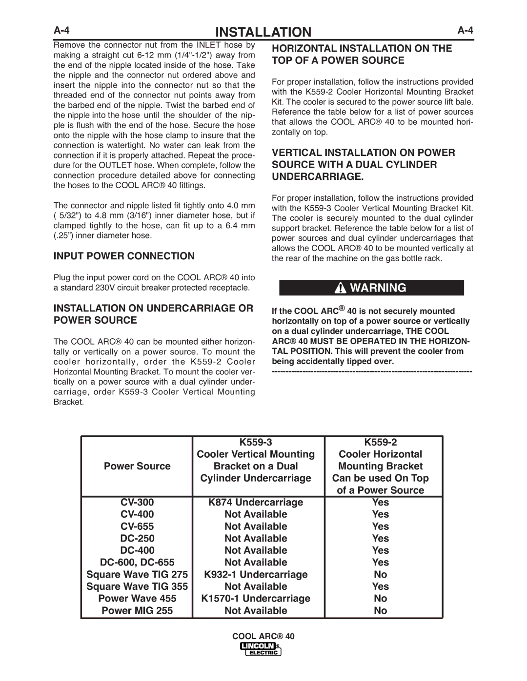 Lincoln Electric IM911 manual Input Power Connection, Installation on Undercarriage or Power Source, K559-3 K559-2 