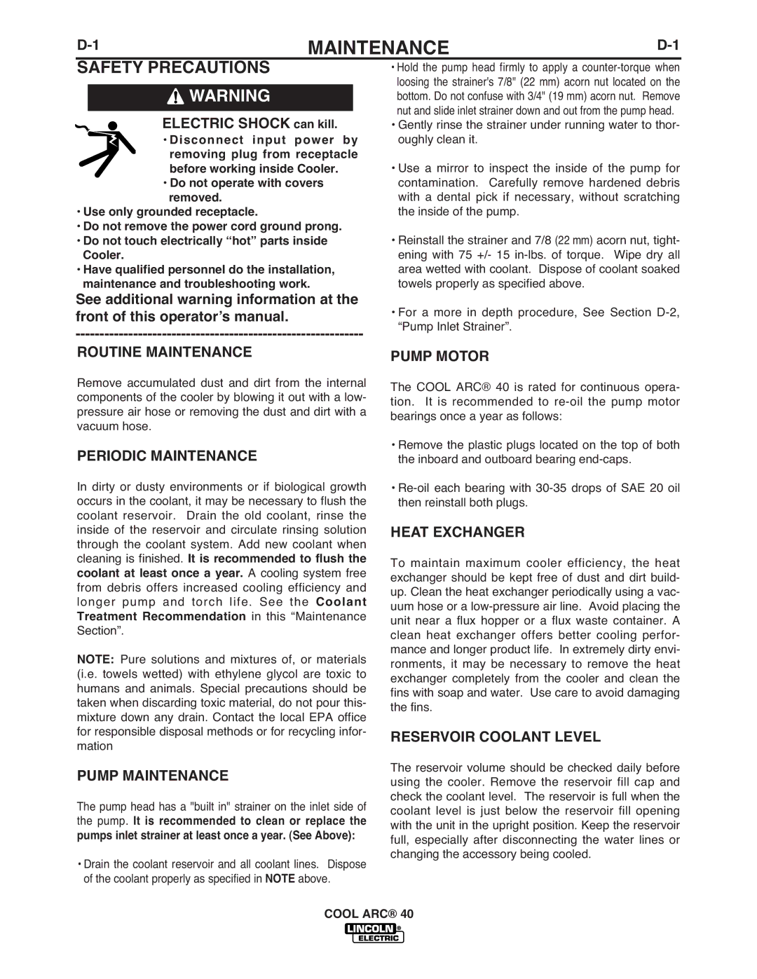 Lincoln Electric IM911 manual Maintenance 