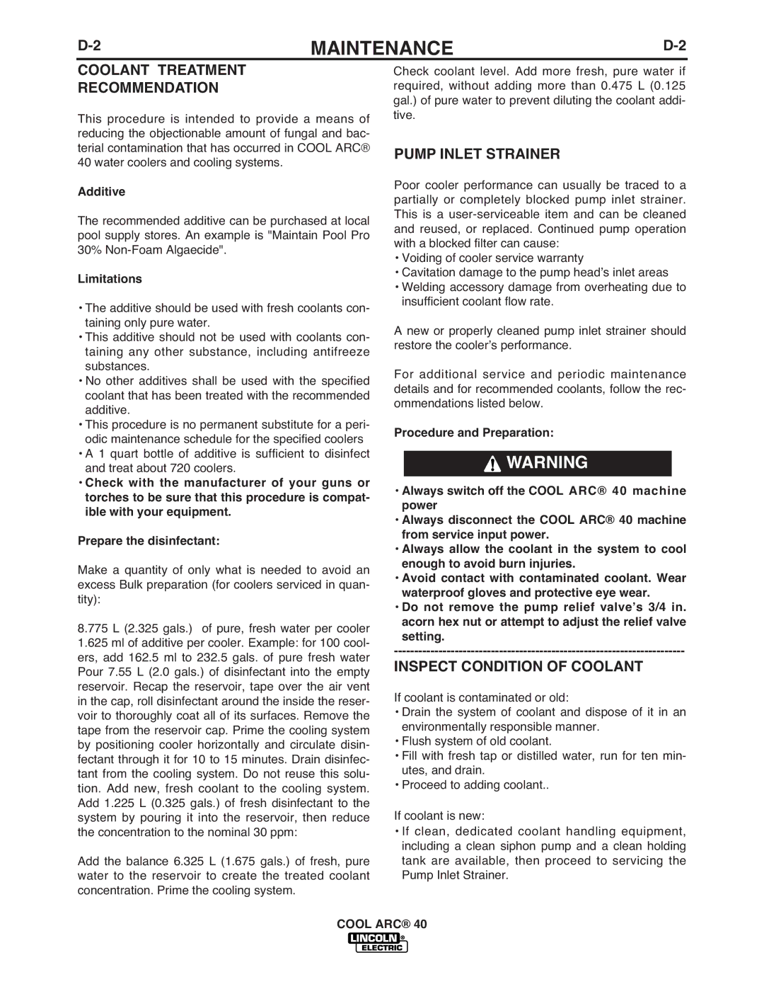 Lincoln Electric IM911 manual Coolant Treatment Recommendation, Pump Inlet Strainer, Inspect Condition of Coolant 