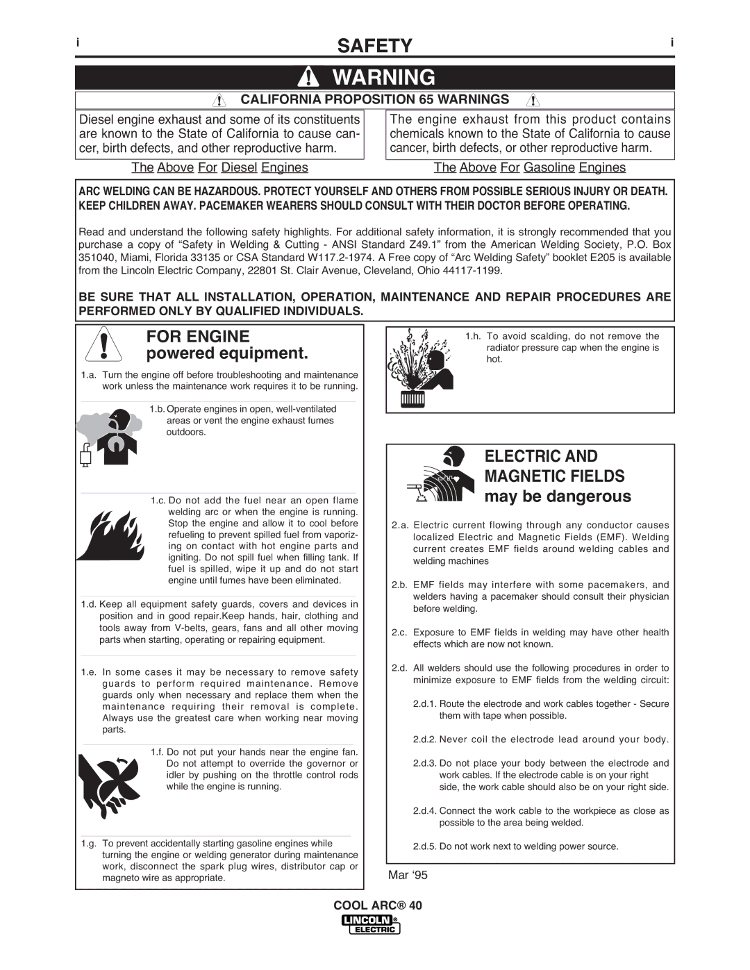 Lincoln Electric IM911 manual Safety, California Proposition 65 Warnings 