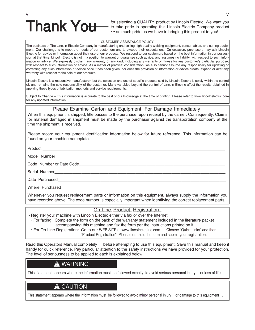 Lincoln Electric IM911 manual Please Examine Carton and Equipment For Damage Immediately, On-Line Product Registration 