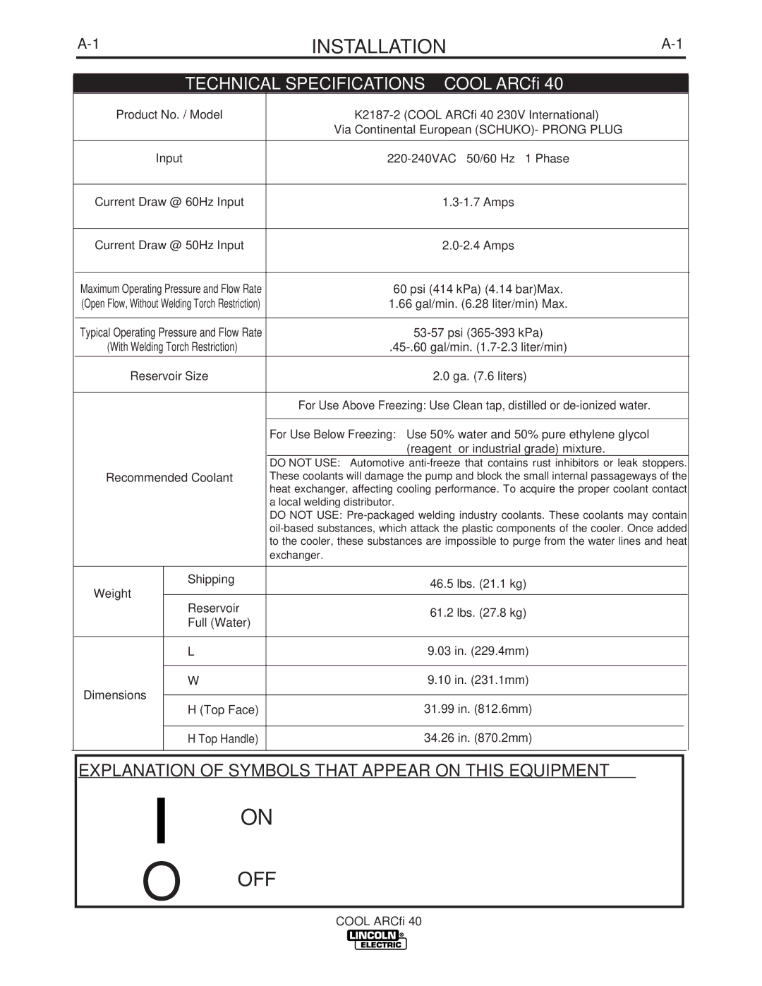 Lincoln Electric IM911 manual Off, Installation 