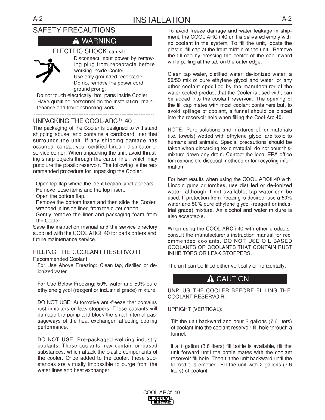 Lincoln Electric IM911 Installation, Electric Shock can kill, Unpacking the COOL-ARC40, Filling the Coolant Reservoir 