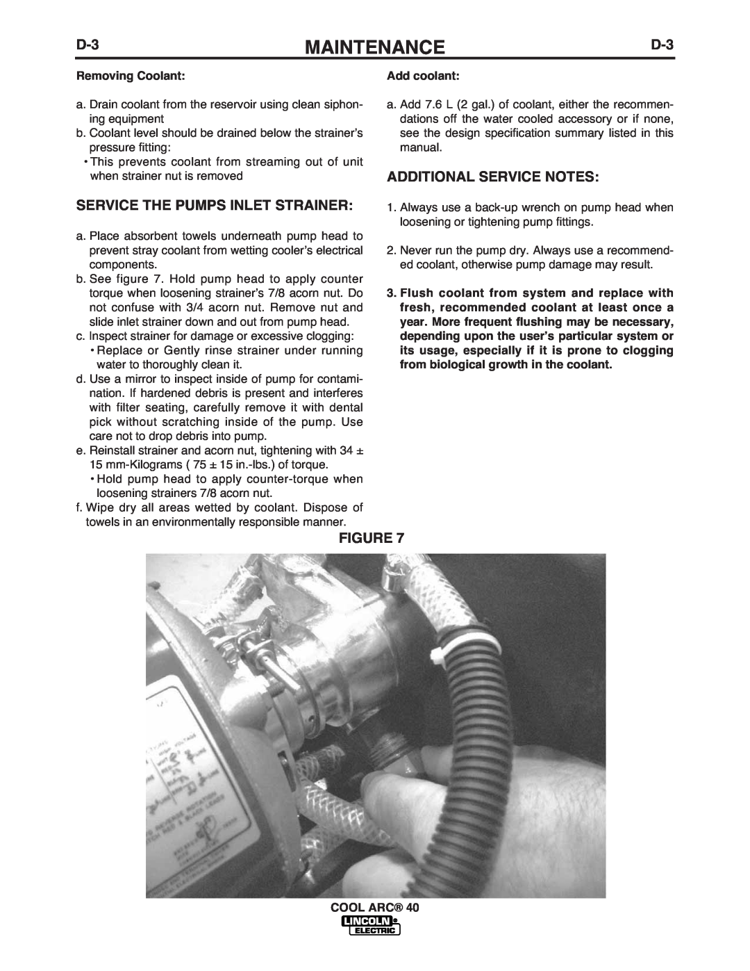 Lincoln Electric IM911 manual Maintenance, Removing Coolant, Add coolant, Cool Arc 