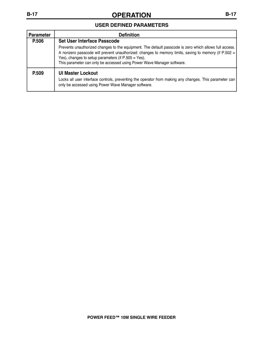 Lincoln Electric IM915 manual Parameter Definition 506 Set User Interface Passcode, UI Master Lockout 