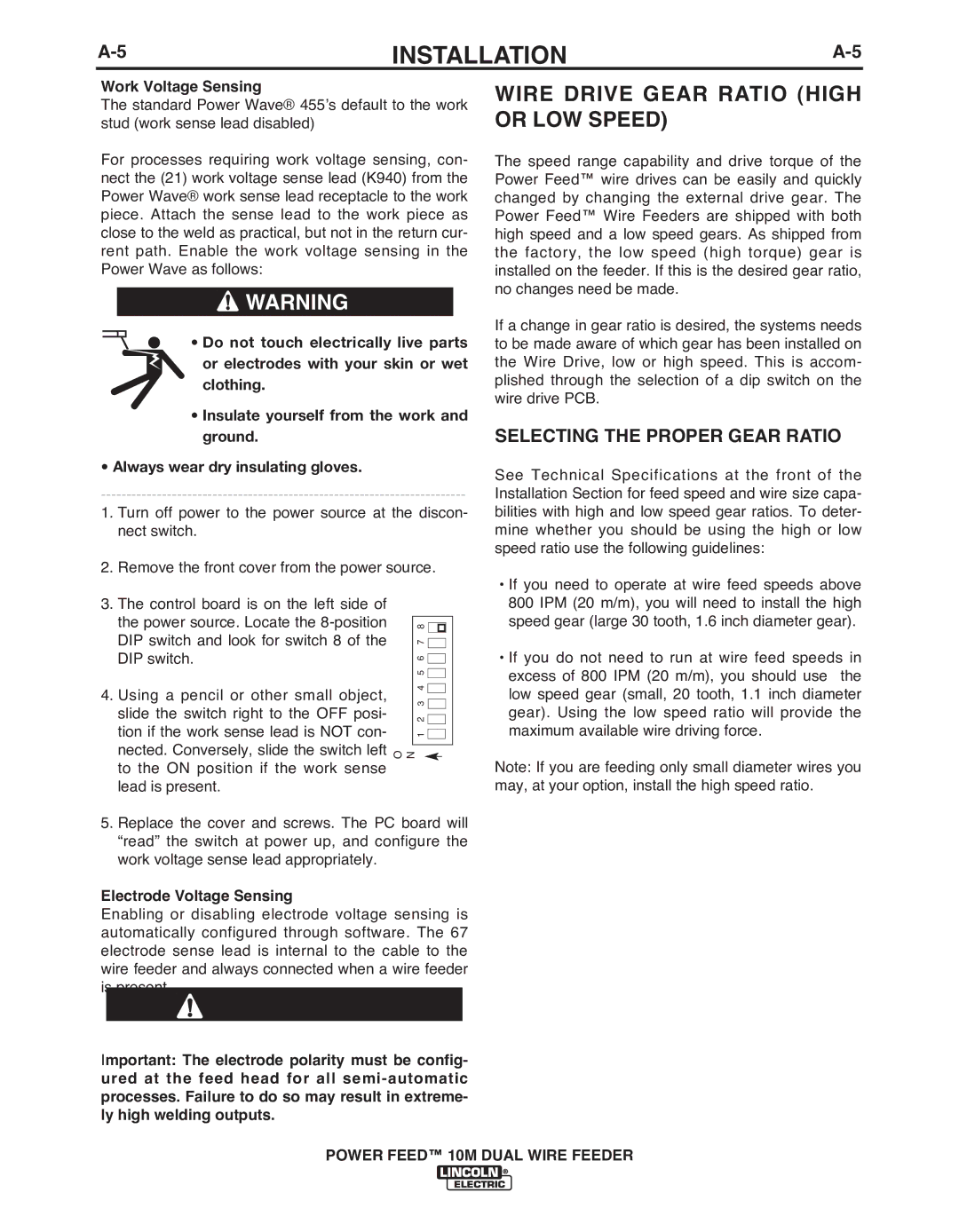 Lincoln Electric IM916 Wire Drive Gear Ratio High or LOW Speed, Selecting the Proper Gear Ratio, Work Voltage Sensing 